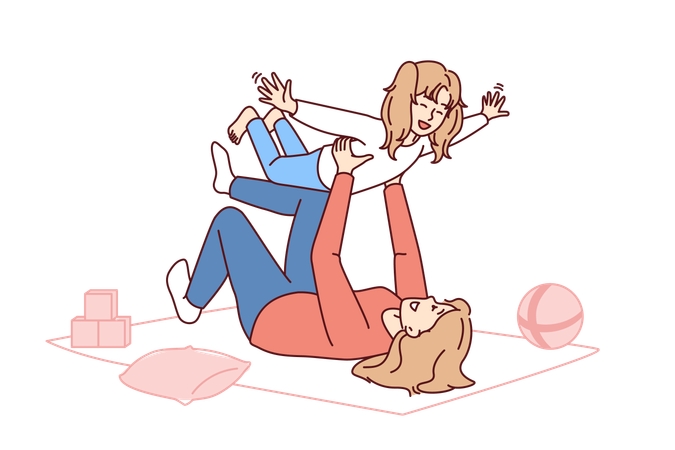 Caring mother lying on floor lifts laughing daughter enjoying playing with child  イラスト
