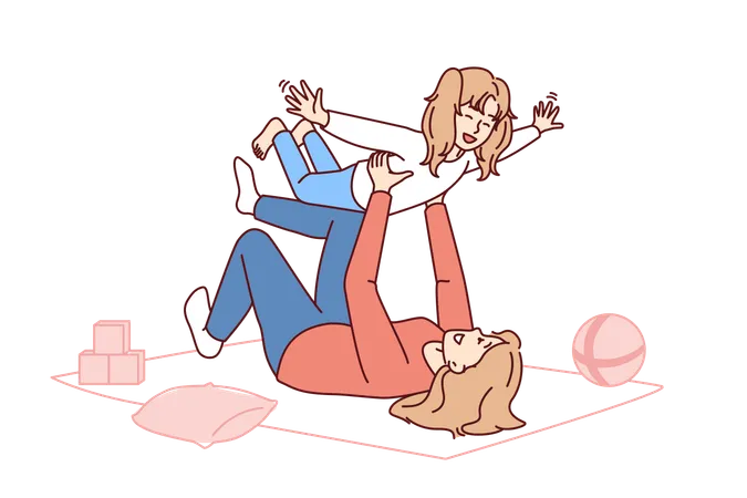 Caring mother lying on floor lifts laughing daughter enjoying playing with child  イラスト
