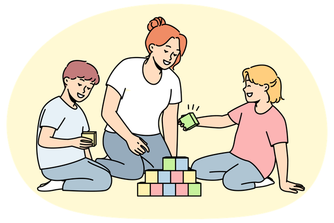 Caring mother playing with children at home  Illustration