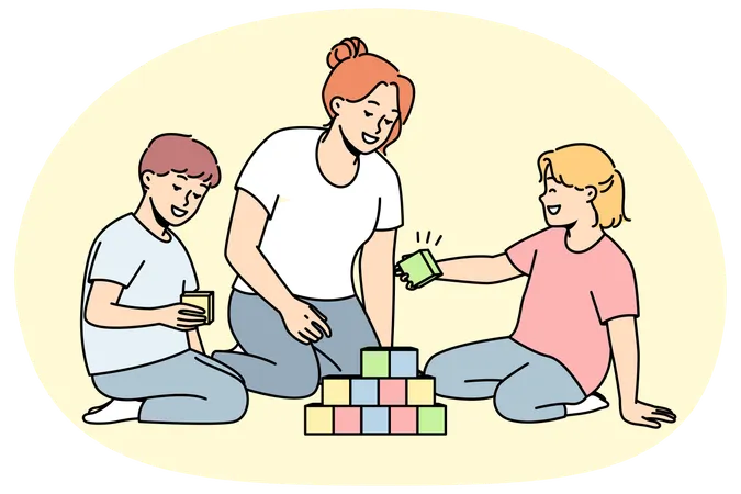Caring mother playing with children at home  Illustration