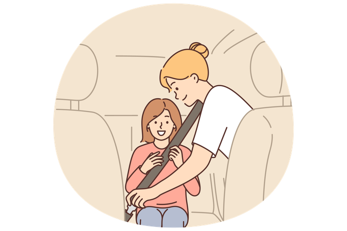 Caring mother uses child seatbelt to fasten little girl into passenger seat of car  Illustration