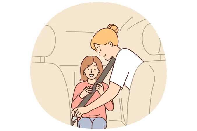 Caring mother uses child seatbelt to fasten little girl into passenger seat of car  Illustration