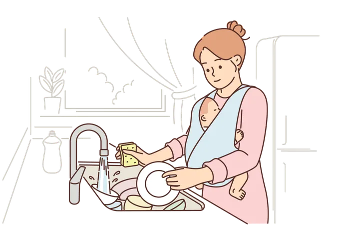 Caring mother washes dishes and holds baby  Illustration