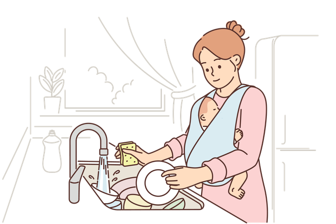 Caring mother washes dishes and holds baby  イラスト