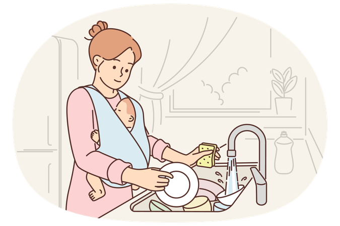Caring mother washes dishes and holds baby needing husband help to do housework  Illustration