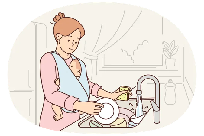 Caring mother washes dishes and holds baby needing husband help to do housework  Illustration