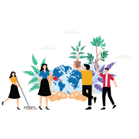 Caring people planting trees and watering  Illustration