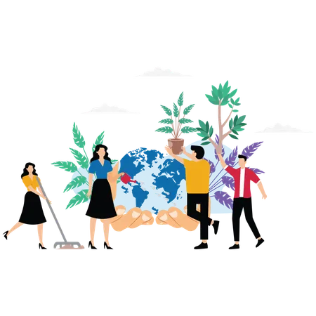 Caring people planting trees and watering  Illustration