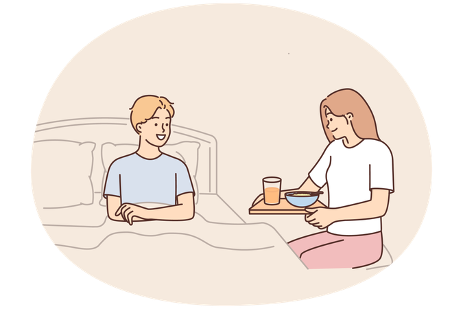 Caring wife brings breakfast to bed to beloved husband wanting to bring joy or caring during illness  Illustration