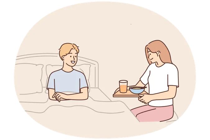 Caring wife brings breakfast to bed to beloved husband wanting to bring joy or caring during illness  Illustration