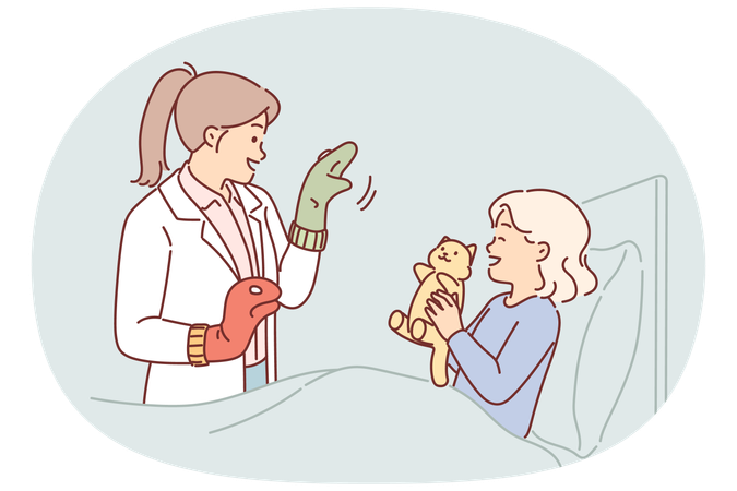 Caring woman pediatrician stands near bed of little girl in hospital and tries to make child laugh  Illustration