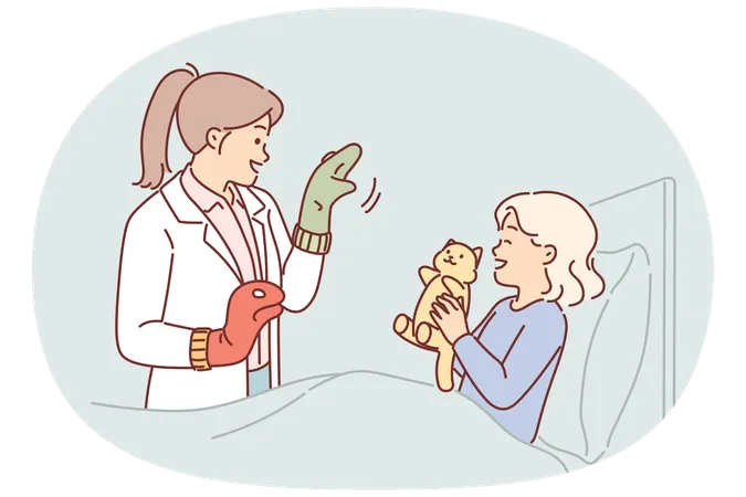 Caring woman pediatrician stands near bed of little girl in hospital and tries to make child laugh  Illustration
