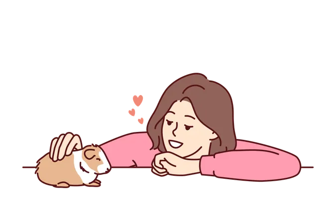 Caring woman pets guinea pig or hamster  Illustration