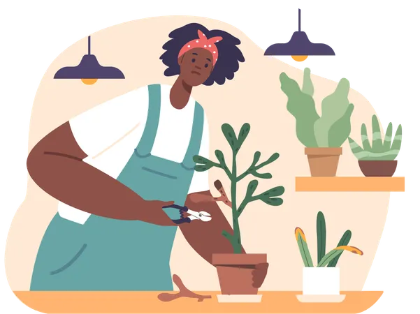 Caring woman revives wilted plants with gentle pruning  Illustration