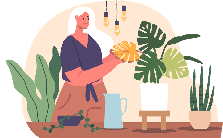Caring woman revives wilted plants with gentle watering  Illustration