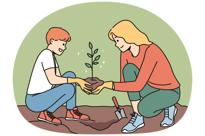 Caring young mother and son planting tree together  Illustration