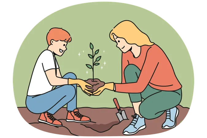 Caring young mother and son planting tree together  Illustration