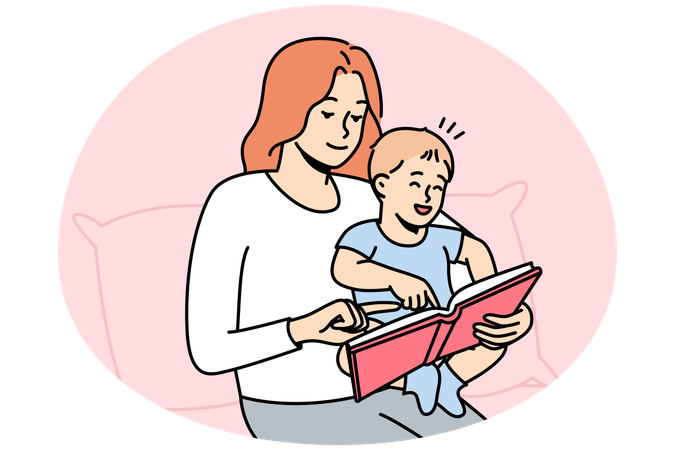 Caring young mother with little baby infant reading book together  Illustration