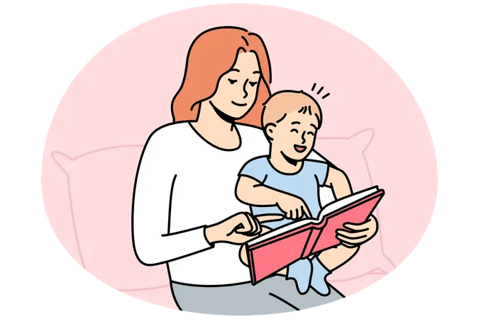 Caring young mother with little baby infant reading book together  Illustration