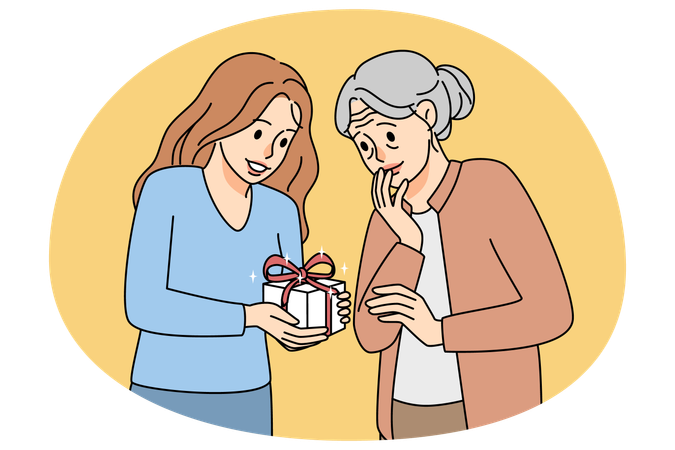 Caring young woman greeting elderly grandmother  Illustration