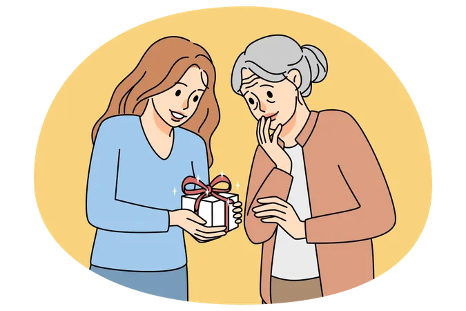 Caring young woman greeting elderly grandmother  Illustration