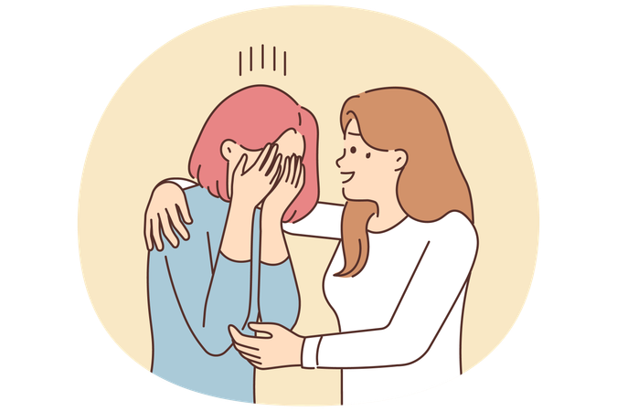 Caring young woman hug comfort unhappy crying friend suffer from life problems  Illustration