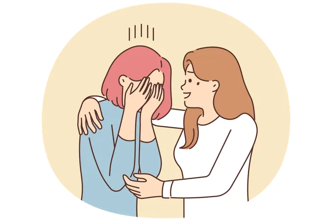 Caring young woman hug comfort unhappy crying friend suffer from life problems  Illustration