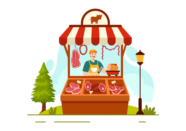 Carnicero puso carne en báscula  Ilustración