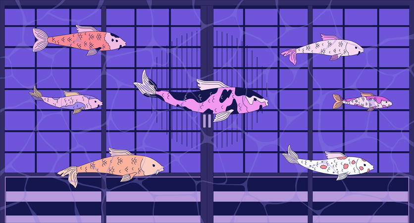 Carp koi swimming in flooded house  Illustration