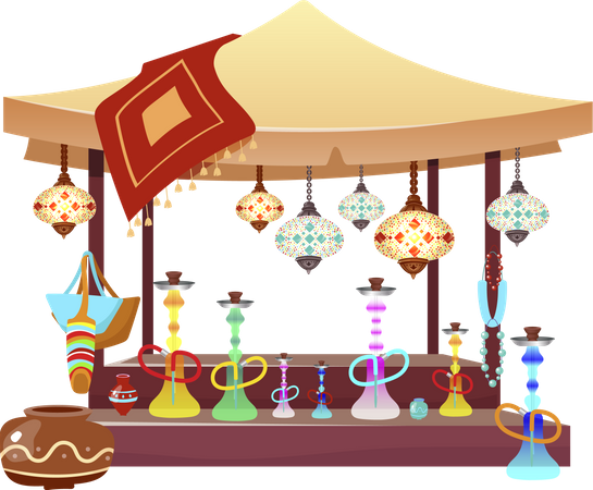Carpa del mercado oriental con narguiles  Ilustración