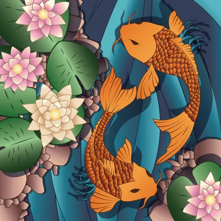 Pez carpa Koi nadando en un estanque con nenúfares  Ilustración