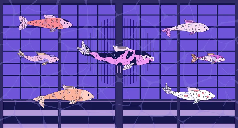 Carpe koi nageant dans une maison inondée  Illustration