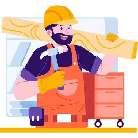 Carpenter carrying hammer and wooden plank  Illustration