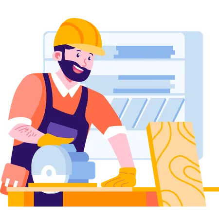 Carpenter cutting planks using cutting machine  Illustration