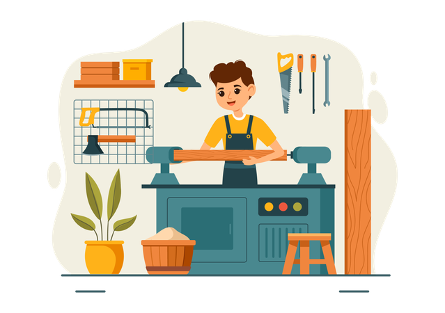 Carpenter cutting wooden on cutter machine  Illustration