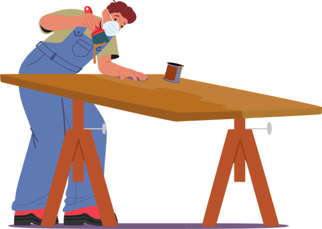 Carpenter Diligently Applying Varnish To Wooden Table In Workshop Environment Using Brush  Illustration