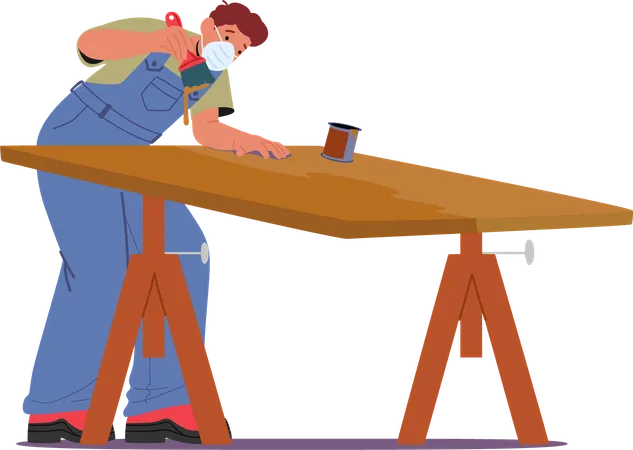 Carpenter Diligently Applying Varnish To Wooden Table In Workshop Environment Using Brush  Illustration