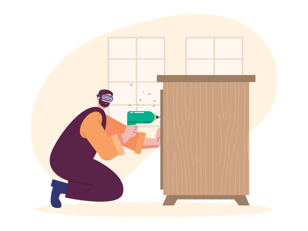 Carpenter drilling in cupboard  Illustration