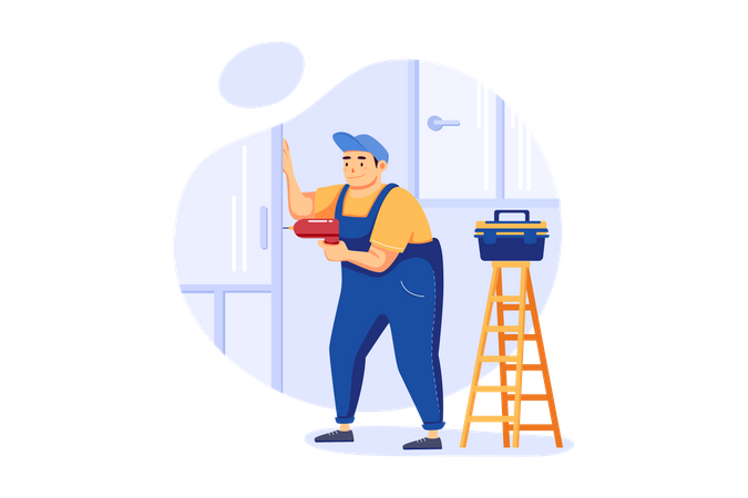 Carpenter drilling on wall  일러스트레이션