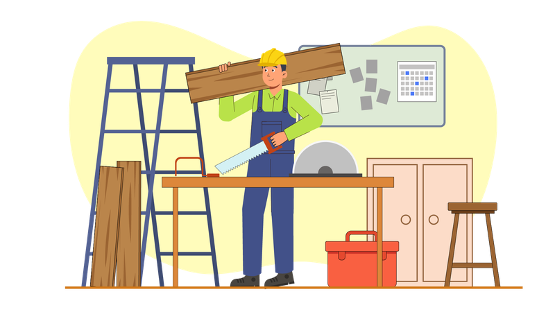 Carpenter holding wooden blocks while working with axe on table  Illustration