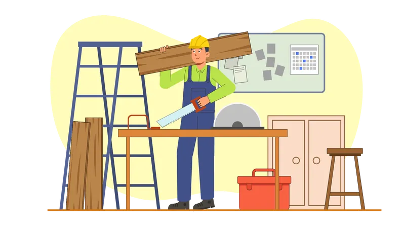 Carpenter holding wooden blocks while working with axe on table  Illustration