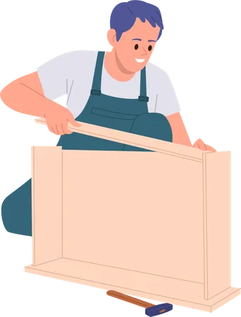 Man Master Cartoon Character Fixing Wooden Pieces Of Cabinet For House Apartment Interior Design Isolated On White Background Repairman Working With Modular Furniture At Carpentry Vector Illustration Illustration