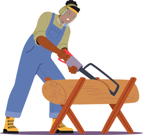 Carpenter Performing Woodwork By Sawing Log In Workshop Setting  Illustration