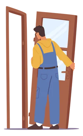 Home Repair Master Male Character Set Up New Door In Apartment Construction Service Engineer In Working Robe With Equipment Tools Carpenter Repairman Builders Work Cartoon Vector Illustration Illustration