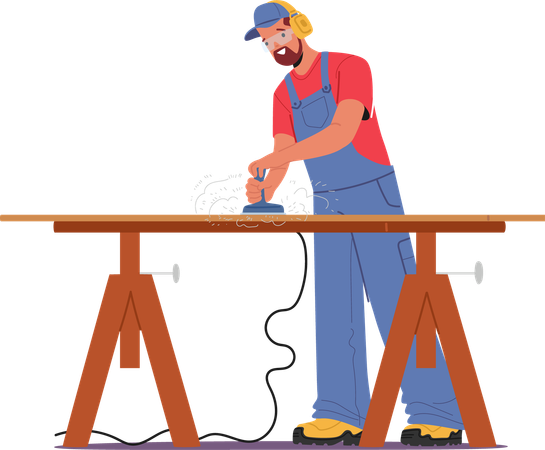 Carpenter Sanding Wood On Workbench  Illustration