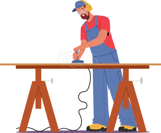 Carpenter Sanding Wood On Workbench  Illustration