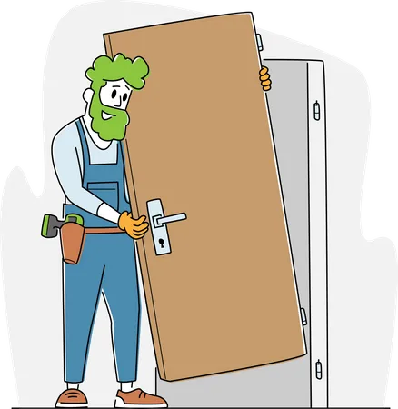Home Repair Master Male Character Set Up New Door In Apartment Construction Service Engineer In Working Robe With Equipment Tools Carpenter Repairman Builders Work Linear Vector Illustration Illustration