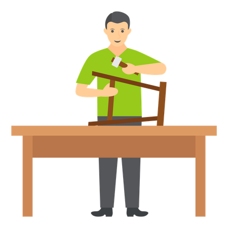 Carpenter Skillfully Repairing Wooden Chair  Illustration