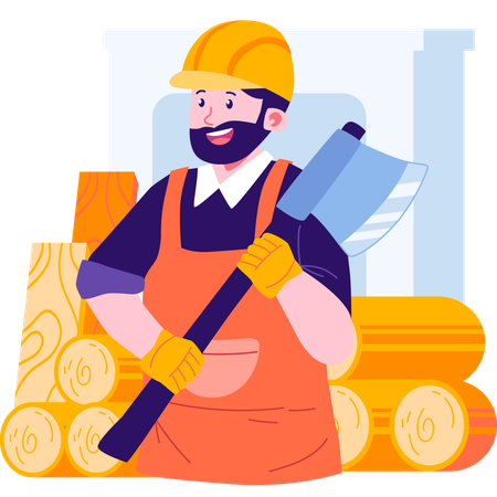 Carpenter standing with axe in hand  Illustration