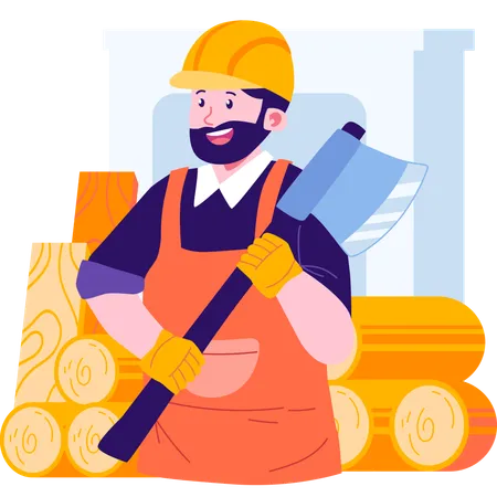 Carpenter standing with axe in hand  Illustration